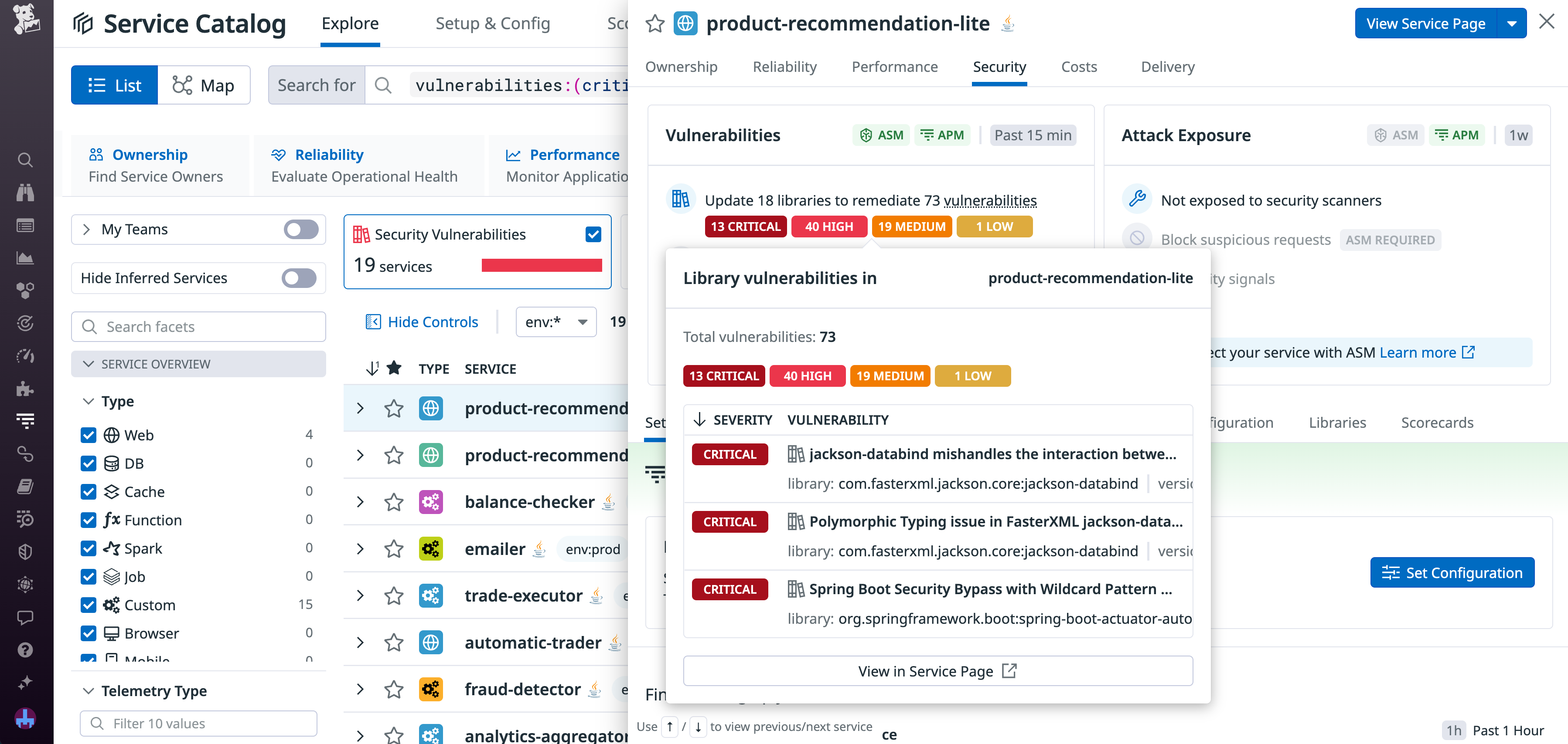 A list of vulnerabilities in a service within Service Catalog.